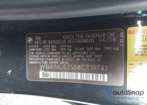 2008 BMW 528I from USA, damaged, VIN WBANU53558CT19741